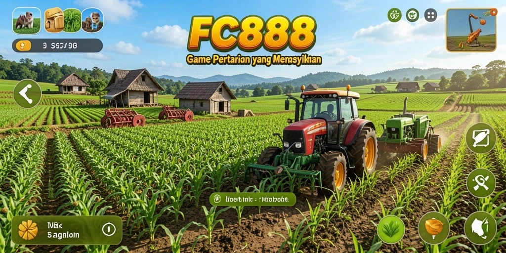 Tampilan gameplay menarik dari FC888 dengan ladang subur dan hewan ternak.