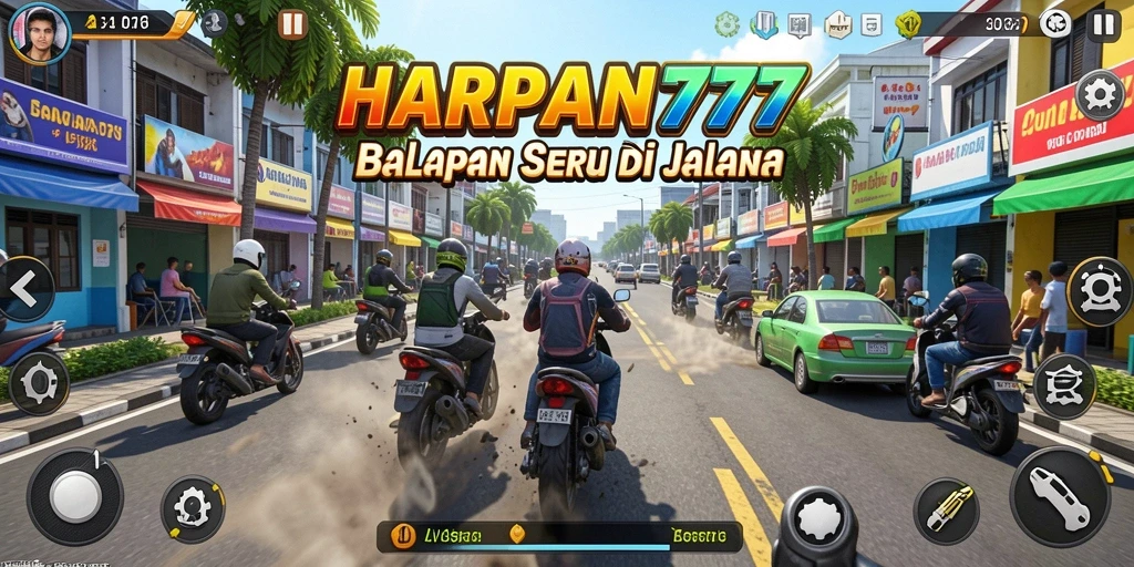 Screenshot gameplay <strong>HARAPAN777</strong> dengan aksi balapan seru dan kendaraan yang menarik.