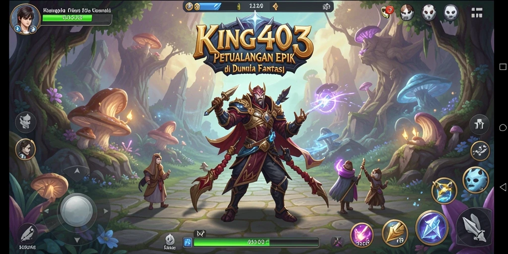 Screenshot KING403 menampilkan pertarungan epic antara pahlawan dan monster.