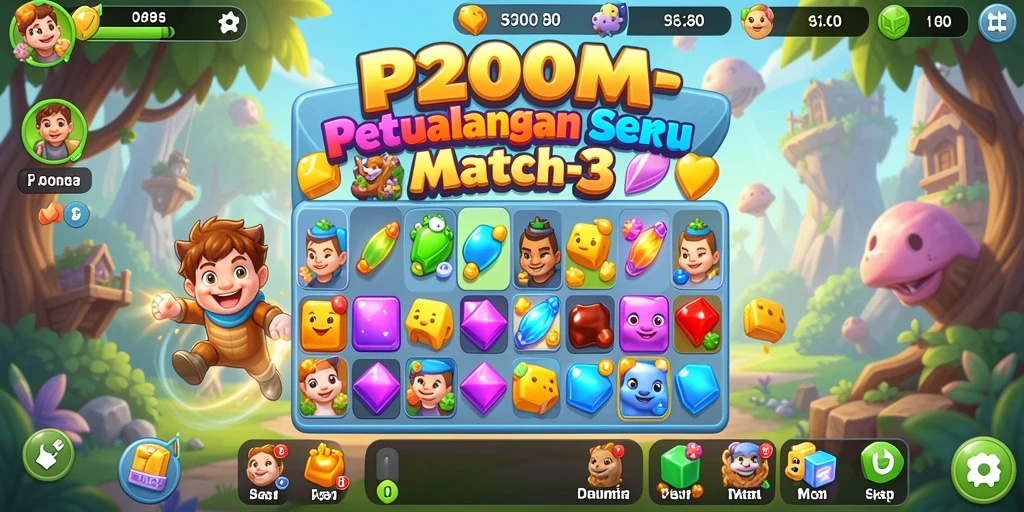 Tangkapan layar menunjukkan gameplay P200M dalam genre Match-3 yang seru.