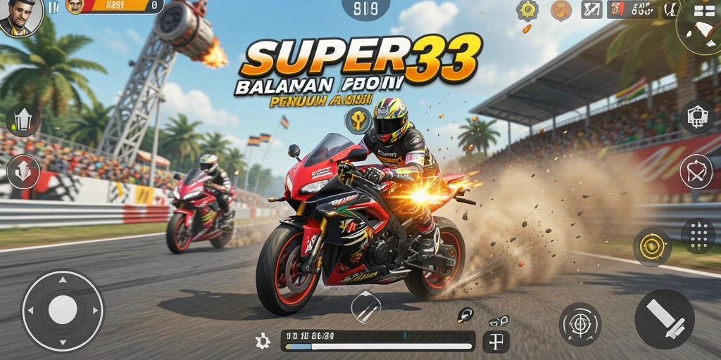 Screenshot menunjukkan balapan motor yang intens dan mendebarkan.